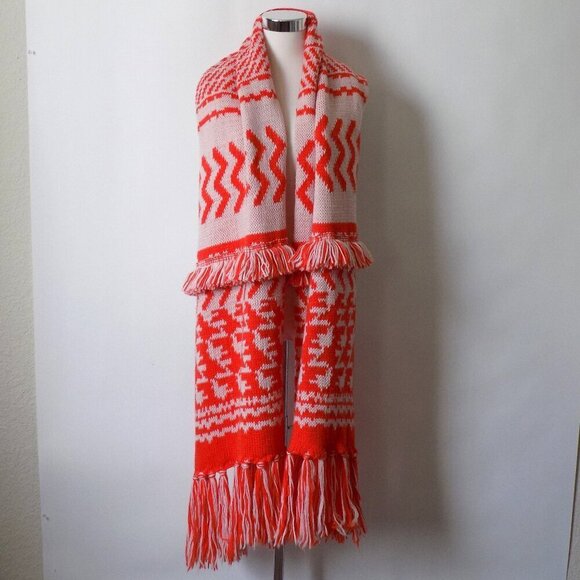 Free People Mile High Fringe Scarf OS Knit Orange & White - Picture 1 of 5
